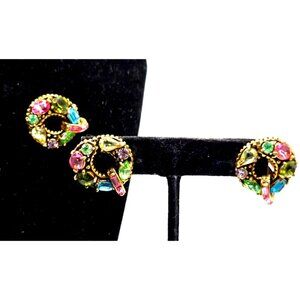Rare Hollycraft Signed Brooch Pin and Clip Earrings Set Multi Color Rhinestones